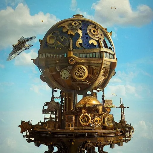 Image similar to flying city in a bronze flower, sky, steampunk!!!, fantasy art, steampunk, masterpiece, octane