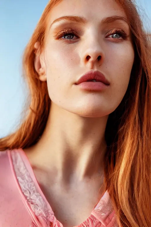 Image similar to olive skinned strawberry blonde female model in her twenties, wearing a v - neck blouse, looking content, focused on her neck, photo realistic, extreme detail skin, natural beauty, no filter, slr, golden hour, 4 k, high definition, selfie