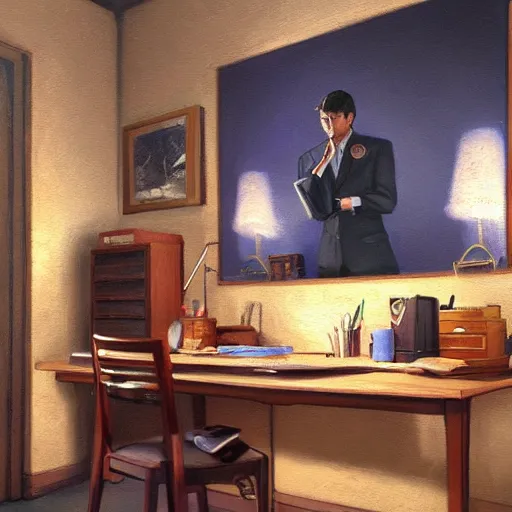 Prompt: Ultra detailed beautiful painting of a 1960s detective office, oil panting, high resolution 4K, by Ilya Kuvshinov, Greg Rutkowski and Makoto Shinkai