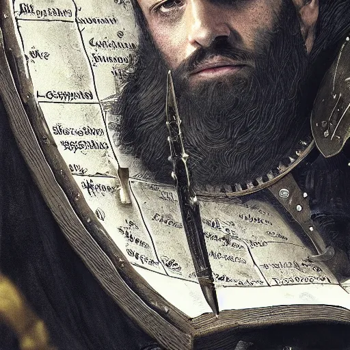 Image similar to Closeup of frustrated male medieval lieutenant with a {short} beard wearing a black!!!! and yellow tabard over a steel breastplate and a black gambeson looking up from a map on a table, intricate, dramatic lighting illustration by Greg Rutkowski, ArtStation, digital art, fantasy