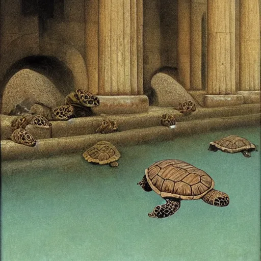 Image similar to turtles underwater in ruined city of Atlantis , by Michael Sowa