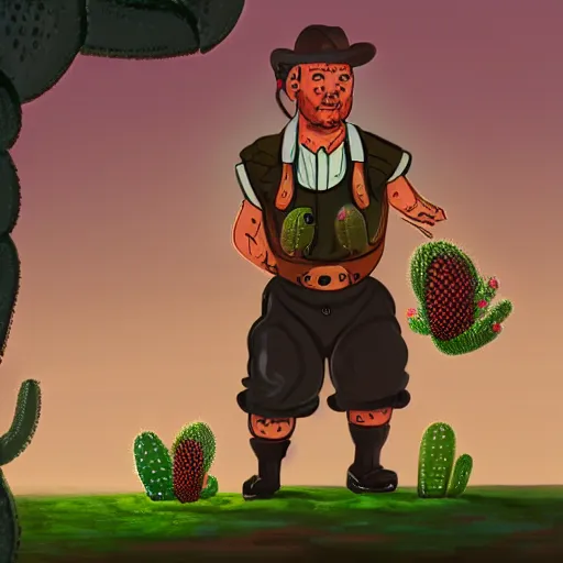 Prompt: a man in lederhosen fighting a living cactus near an oasis, in a concept art style