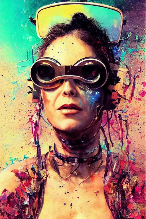 Prompt: portrait, headshot, digital painting, an delightfully crazy, wholesome techno - shaman lady, techno goggles, synthwave, glitch, fracture, realistic, hyperdetailed, chiaroscuro, concept art, art by john berkey