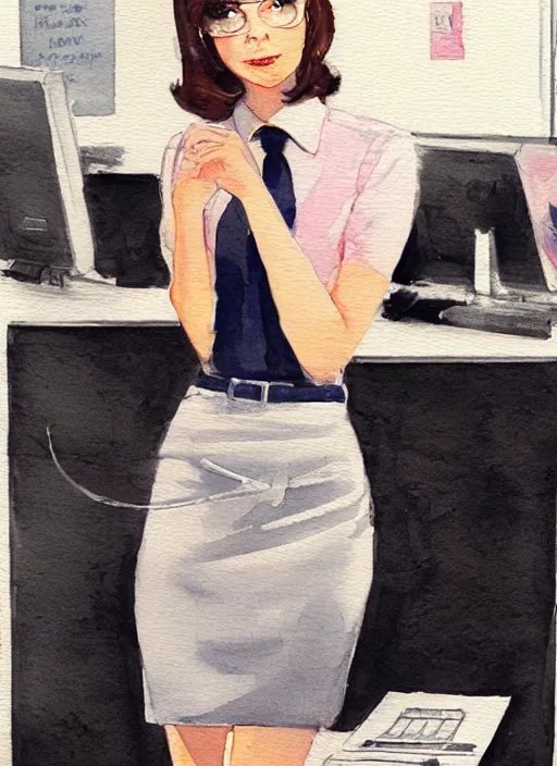 Image similar to concept art of a modern office life, young attractive business woman, pencil miniskirt, pinterest, artstation trending, behance, watercolor, by coby whitmore, silver, laser light,