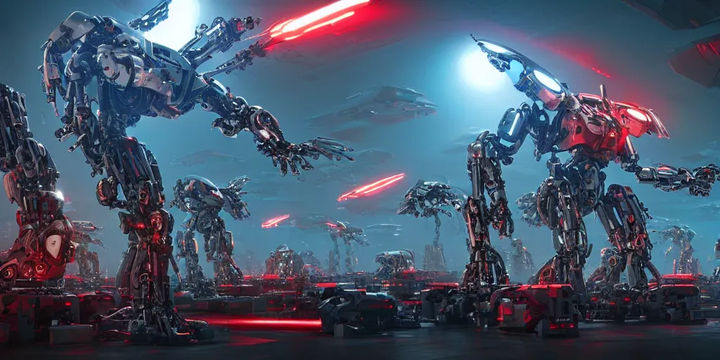 Image similar to an army of evil, malevolent, giant robot mechanical cyborg owls surrounded by computers and computer screens. this 4 k hd image is trending on artstation, featured on behance, well - rendered, extra crisp, features intricate detail and the style of unreal engine. volumetric lighting octane render