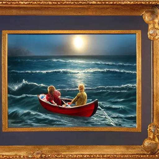 Image similar to man and daughter in a small boat on a rough sea late at night, moonlight reflections across water, hyper realism, high detail, deep aesthetic, rich colors, 4k, highly ornate intricate details, variations,