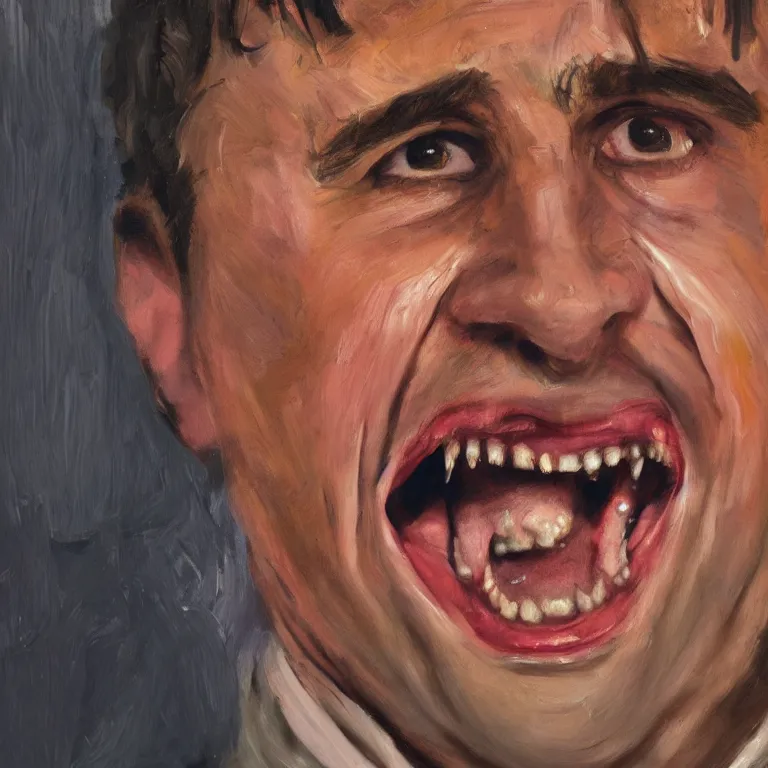 Prompt: warmly lit close up studio portrait of young angry!! screaming Steve Carell age 23 furious!, impasto oil painting thick brushstrokes by Lucian Freud and Cy Twombly and Tim Hawkinson , trending on artstation dramatic lighting Expressionism