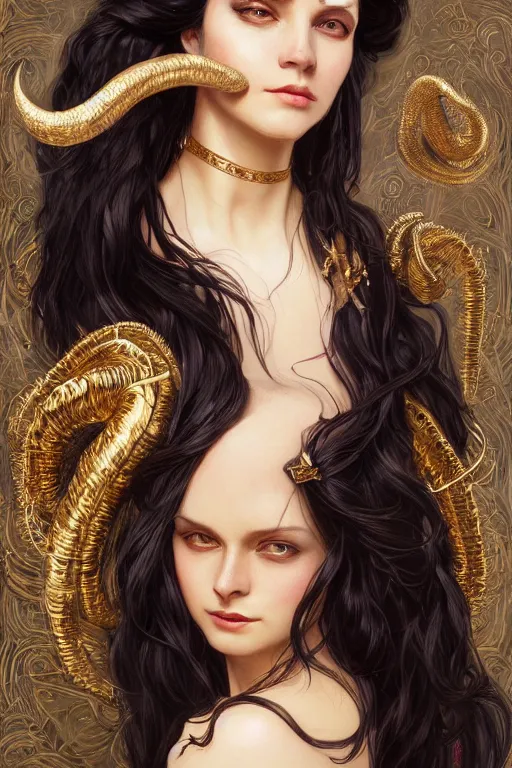 Image similar to a beautiful woman with long black hair, big natural ram horns on her head, flowing dress, gold jewellery, dnd, face, fantasy, intricate, elegant, highly detailed, digital painting, artstation, concept art, smooth, sharp focus, illustration, art by artgerm and greg rutkowski and alphonse mucha