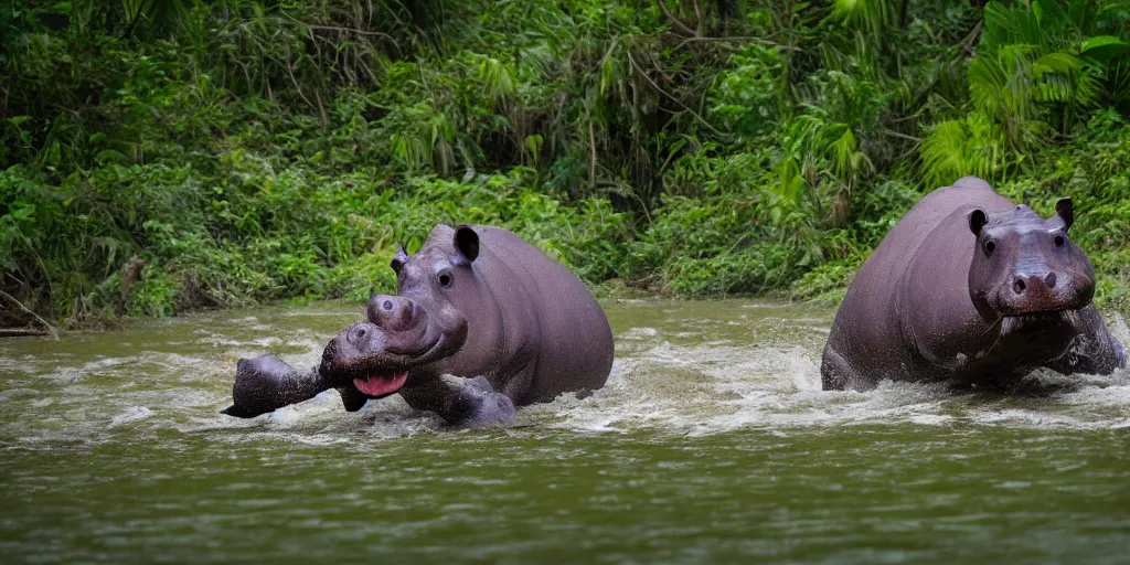 Image similar to nature photographer's photo of a hippo with in a river in the jungle, attacking the photographer. extremely high detail, ominous natural lighting