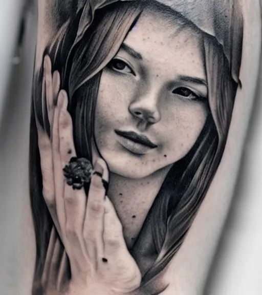 Image similar to a beautiful girl portrait faded in beautiful mountains, realism tattoo, in the style of den yakovlev, black and white, hyper realistic, highly detailed