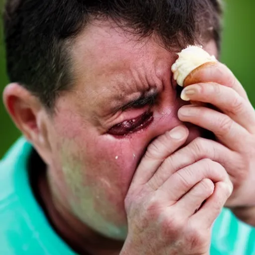 Prompt: a man crying his eye's out, snot dribbling out of his nose, because his ice cream cone is tiny. photograph.