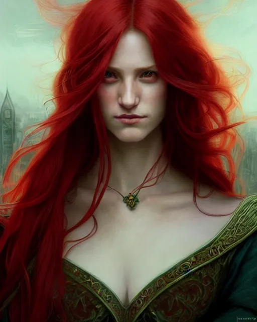 Image similar to long red hair mage, portrait, gentle, scowl, cloth, female, city background, d & d, fantasy, intricate, elegant, digital painting, red green color palette, artstation, octane render, concept art, matte, sharp focus, illustration, herrarthstone, art by artgerm and greg rutkowski and alphonse mucha