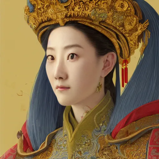 Image similar to a highly detailed portrait of a medieval chinese princess, beautiful detail and color, art by john collier and albert aublet and krenz cushart and artem demura and alphonse mucha, volumetric lighting, octane render, 4 k resolution, matte, sharp focus, illustration, art by jacque - louis david, baroque style