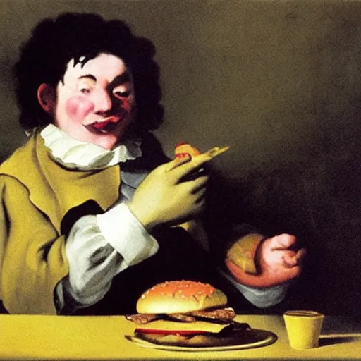 Prompt: ronald mcdonald eating a hamburger, painting by francisco goya