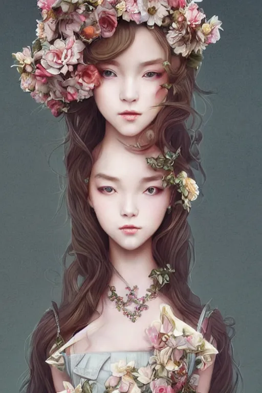 Image similar to romantic and fashion and love princess of the flower with sheath dress, 8 k realistic, teenager girl, baroque, symmetrical, flowing hair, smile, trending pinterest and pixiv, muted colors, hyperrealistic, l close up shot, character concept art, face by kyoung hwan kim, alexandra fomina, ilya kuvshinov