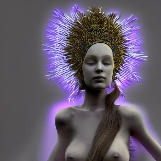 Image similar to mushroom goddess with extremely elegant headdress with group of elders in a ceremony for plant medicine, beautiful, marvelous designer, cloth physics, mocap, deviantart, masamune shirow, alex grey, black and white, beautiful lighting, photorealistic, concept art, perfect render, 3 d render, unreal engine, 8 k