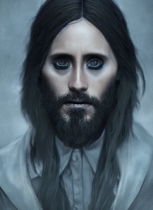 Prompt: A fantasy comic book style portrait painting of Jared Leto as a witchhunter in a atmospheric dark fortress, unreal 5, DAZ, hyperrealistic, octane render, RPG portrait, ambient light, dynamic lighting