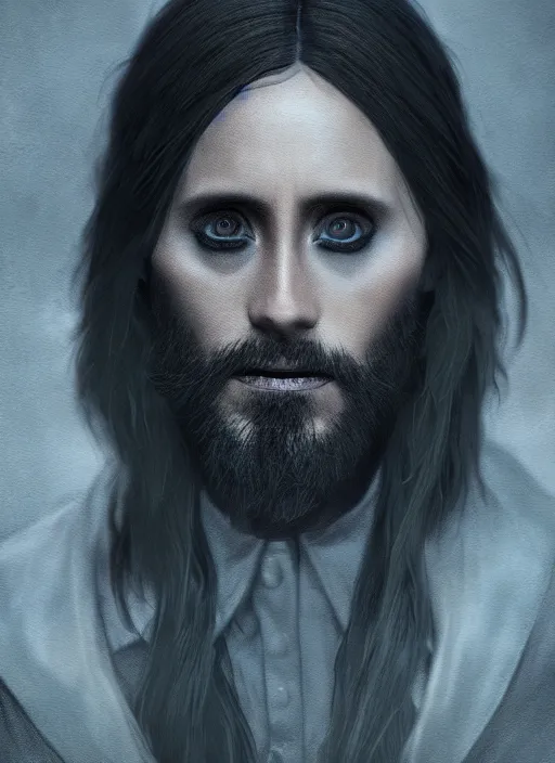 Image similar to A fantasy comic book style portrait painting of Jared Leto as a witchhunter in a atmospheric dark fortress, unreal 5, DAZ, hyperrealistic, octane render, RPG portrait, ambient light, dynamic lighting