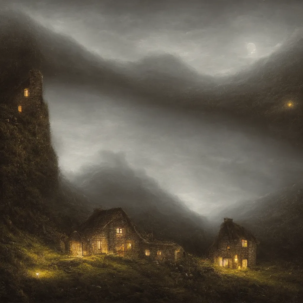 Image similar to A singular decrepit cottage on a mountaintop at night, by Lee Madgwick, hyperrealistic, V-Ray 8k UHD