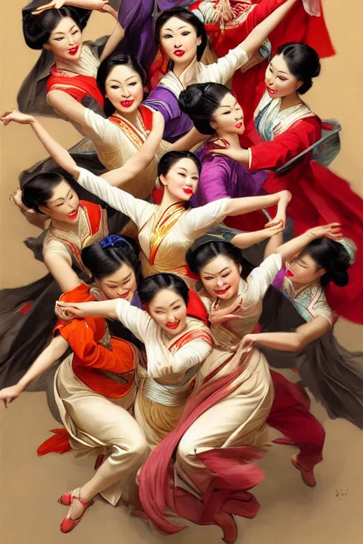 Image similar to top angle shot of group of asian females dancing, masterpiece painted by jc leyendecker, 8 k, high detail, fantasy art, dnd, artstation,