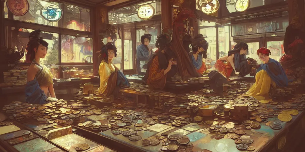 Prompt: modern coin shop with a lot of coins, 4 k, eastern tyle, geishas, octane, digital painting, artstation, concept art, sharp focus, illustration, art by artgerm and greg rutkowski and alphonse mucha