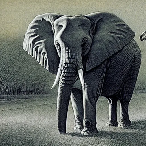 Image similar to Portrait of an elephant on a green meadow, style Franklin Booth