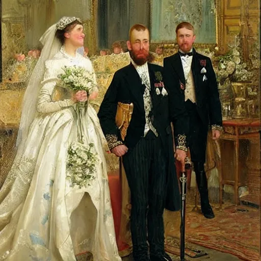 Image similar to painting of a royal wedding by Laurits Tuxen, highly detailed, fancy, high quality, oil painting, cinematic