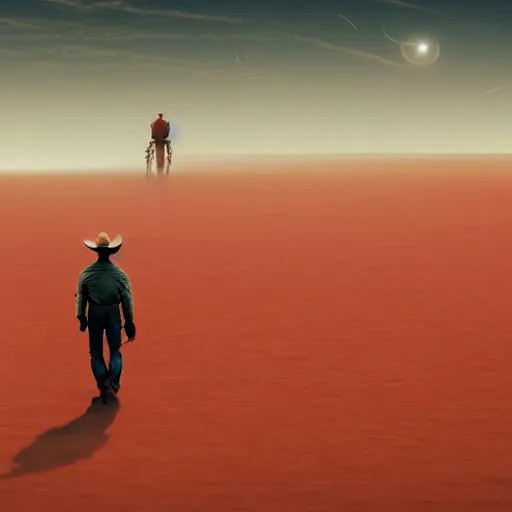 Image similar to group of cowboys walking through the red martian desert, retrofuturism sci - fi old movie, highly detailed, photorealistic, 8 k, by beksinski and stalenhag