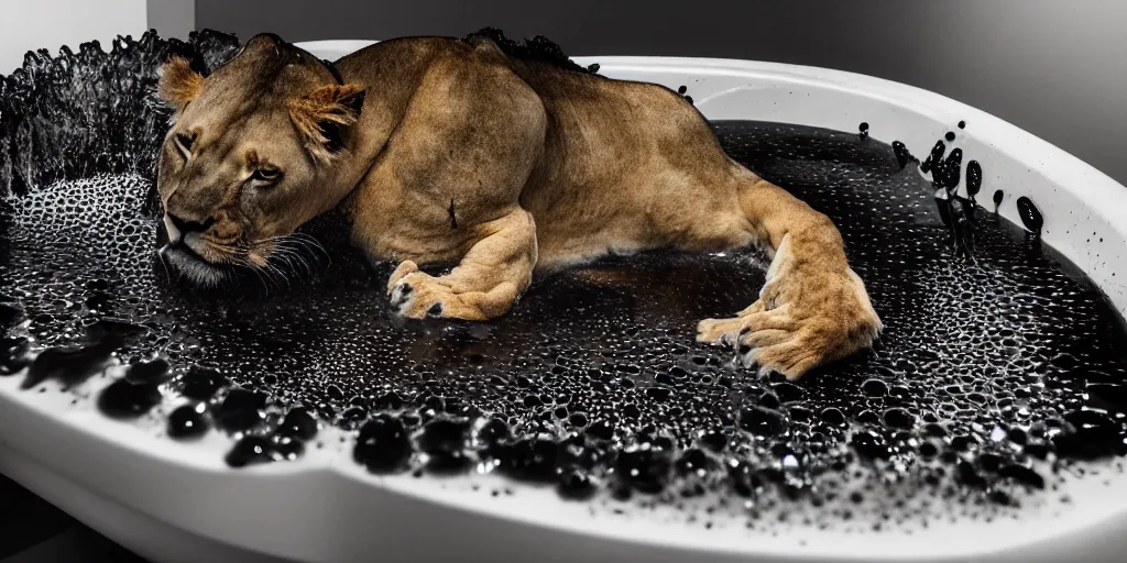 Image similar to a lioness made of ferrofluid bathing inside the bathtub full of ferrofluid at the photography studio, covered in dripping ferrofluid. dslr, wrinkles, ferrofluid, photography, realism, animal photography