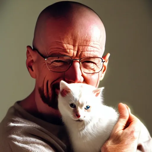 Image similar to walter white smiling holding a kitten, hd 4 photo