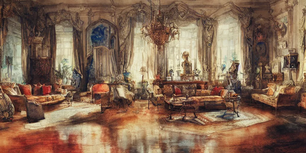 Prompt: a hiper intricate watercolor of a beatiful living room with sculptures, extremely detailed, sharp focus, wide view, smooth, digital illustration, colorfull, by william turner art, by greg rutowski