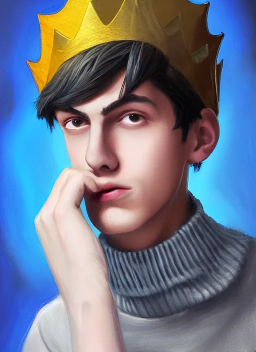 Image similar to portrait of teenage jughead jones wearing a light grey crown, crown, blue turtleneck, 1 9 5 0 s, closed eyes, photorealistic, black hair, glowing lighting, intricate, elegant, glowing lights, highly detailed, digital painting, artstation, concept art, smooth, sharp focus, illustration, art by wlop, mars ravelo and greg rutkowski