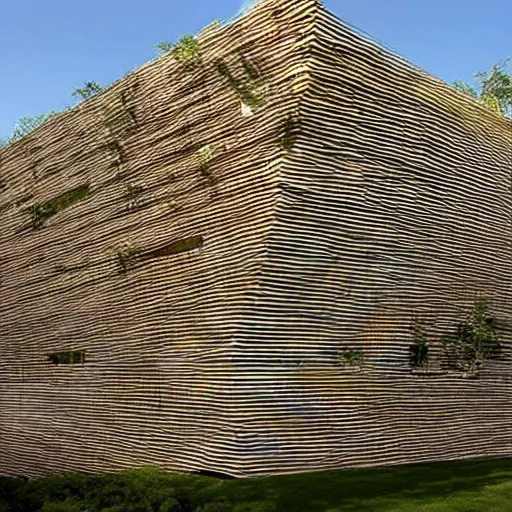 Prompt: a building in a stunning landscape by kengo kuma