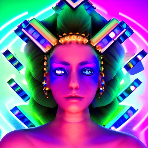 Prompt: A head and shoulders portrait of a Prismatic Spectrum Cosmic Magical Girl from the Rainbow Sky Paradise playing Dance Dance Revolution at Eurovision and Tomorrowland, full round face, beautiful piercing symmetric eyes, slight smirk, medium shot, lit by flashing pixel light, ambient occlusion, DAZ, cinematic lighting, 3D render, glowing neon, unreal engine 5