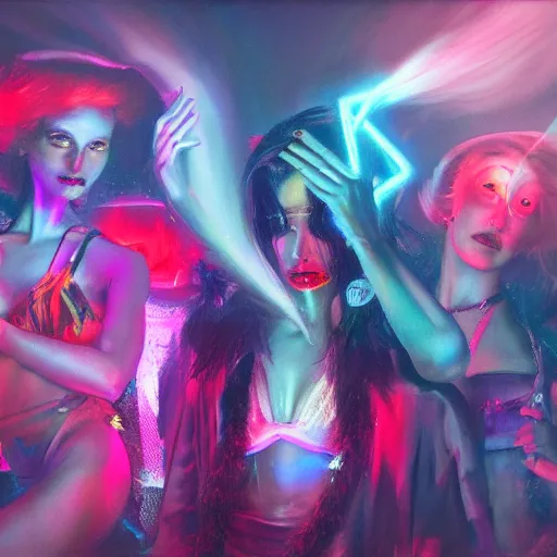 Prompt: vogue ball, smoke, neon, dancers, bright costumes, beautiful people, performance, bright lights beautiful fantasy detailed trending on artstation, oil painting, dramatic lighting, eterea, high quality print, fine art with subtle redshift rendering