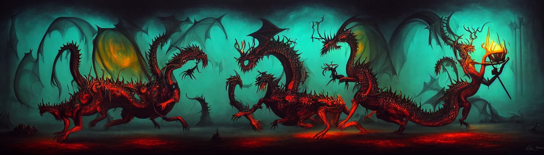 Image similar to strange whimsical alchemical dragons from the depths of the collective unconscious, dark eerie dramatic lighting, detailed and atmospheric surreal darkly colorful painting by ronny khalil