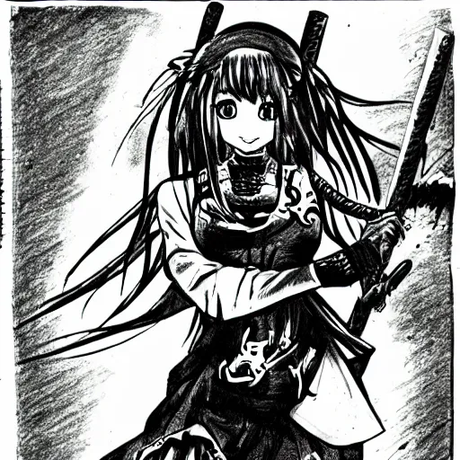 Prompt: manga drawing of a girl wielding a buzzsaw