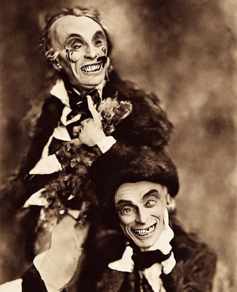 Image similar to portrait of conrad veidt the man who laughs wide grin, award winning colorized photo, sharp color palette