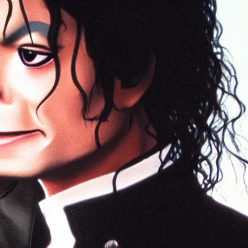 Image similar to a cinematic film still of Michael Jackson starring in an Anime, portrait, 40mm lens, shallow depth of field, close up, split lighting, cinematic