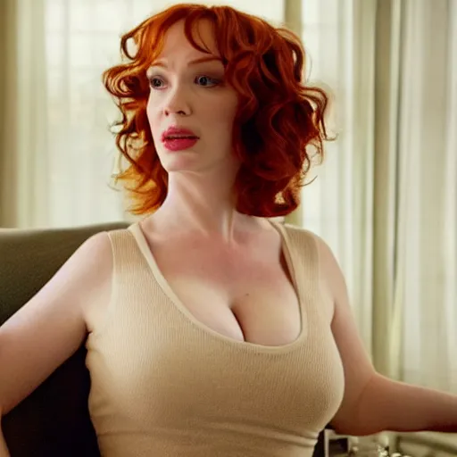 Image similar to amazing beautiful Christina Hendricks with mouth wide open in the living room, film still from the movie directed by Denis Villeneuve , wide lens