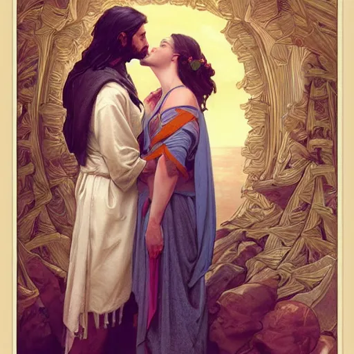 Prompt: 1 8 th jesus kissing a woman, intricate, elegant, highly detailed, digital painting, artstation, concept art, matte, sharp focus, illustration, art by artgerm and greg rutkowski and alphonse mucha