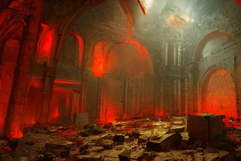 Image similar to an evil red light comes from a crypt in the center of the ruins with broken down walls, rubble all over the ground, midnight, fantasy painting of high quality, dramatic lighting, volumetric lighting.