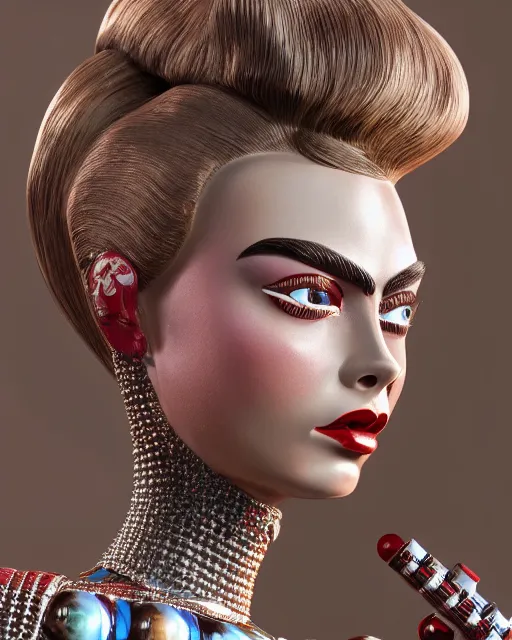 Image similar to highly detailed closeup, face profile portrait of a tin toy retro 1 9 5 0 s cara delevingne, bikini, depth of field, fashion photoshoot by max fleischer, breathtaking, detailed and intricate environment, 8 k resolution, hyperrealistic, octane render