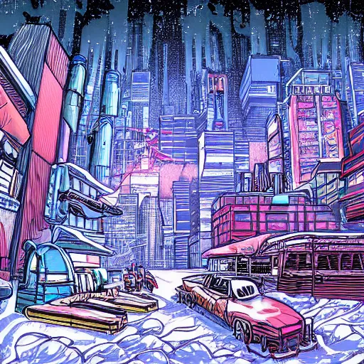 Image similar to mystic winter landscape, cyberpunk by mike allred