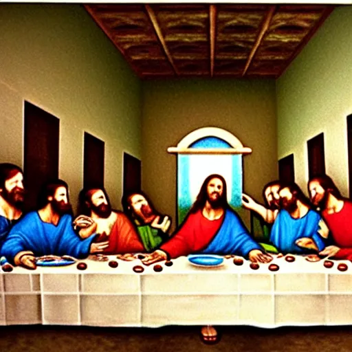 Image similar to the last supper but it is only jesus'clones, realistic, hdr, clear image, hdd, rtx on,