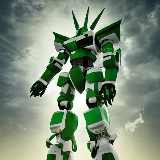 Image similar to cute saudi samurai mecha, green and white, full body mecha suit, epic urban battle, Murata Yasushi Nirasawa Style, beautiful aesthetic, photorealistic, volumetric lighting, hyperrealistic, octane render, HDR, Production IG Studios Anime Style