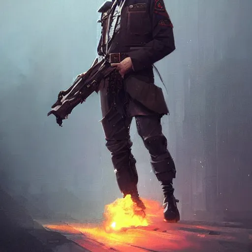 Prompt: a highly detailed epic cinematic concept art CG render digital painting artwork costume design: 1980s dieselpunk Soviet policeman. By Greg Rutkowski, Ilya Kuvshinov, WLOP, Stanley Artgerm Lau, Ruan Jia and Fenghua Zhong, trending on ArtStation, subtle muted cinematic colors, made in Maya, Blender and Photoshop, octane render, excellent composition, cinematic atmosphere, dynamic dramatic cinematic lighting, precise correct anatomy, aesthetic, very inspirational, arthouse