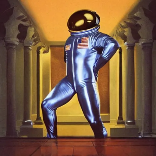 Prompt: 1 9 8 0's album art, an ultra muscular veiny man in a skintight buck rodgers style astronaut latex suit, inside the beautiful palace of a beautiful space princess, cinematic angles, beautifully lit