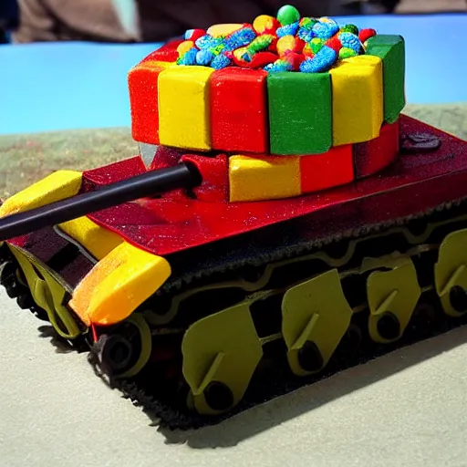 Prompt: war tank made of candy, sunny day