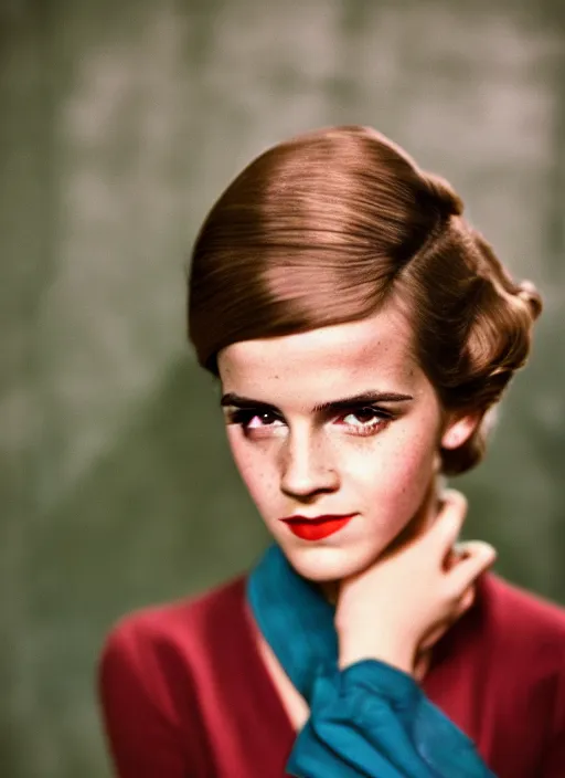 Image similar to Retro color photography 1940s portrait Hollywood headshot of Emma Watson Cinestill 800T, 1/2 pro mist filter, and 65mm 1.5x anamorphic lens